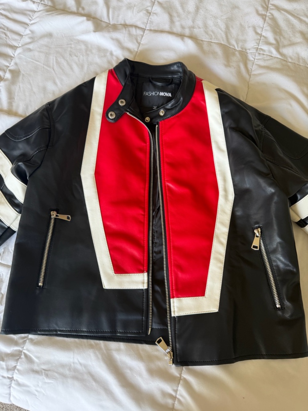 Fashion Nova Black Faux Leather Jacket with Red and White Panel